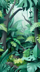 Tropical rainforest with trees and moss in paper cute style