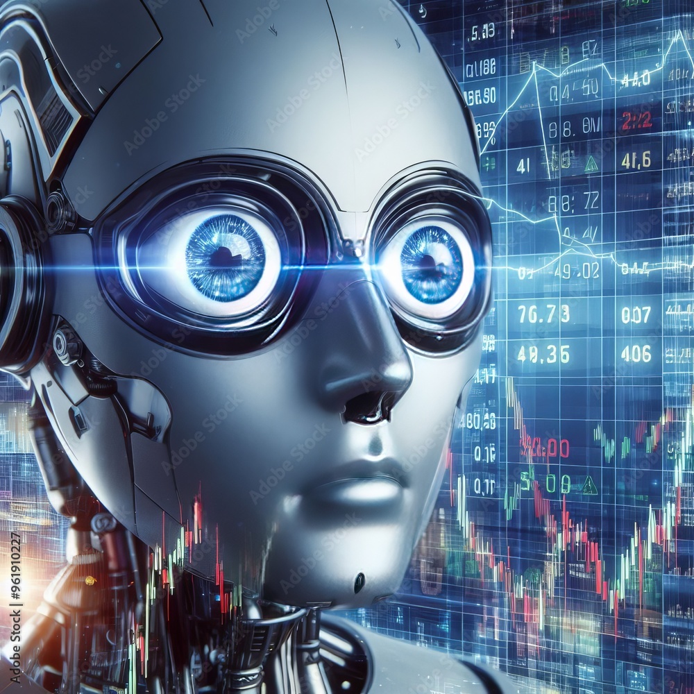 Poster a futuristic ai robot with glowing blue eyes is set against a backdrop of financial data and stock c