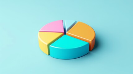 A colorful 3D pie chart divided into five segments, showcasing different data portions against a soft pastel background.