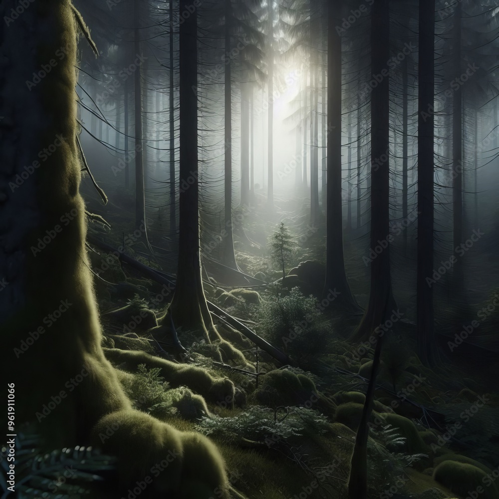 Poster an enchanting scene of a dense forest bathed in soft, mystical sunlight. the tall trees and lush, mo