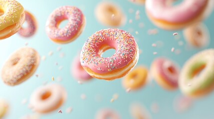 Flying donuts. Mix of multicolored doughnuts on pastel background. Bakery banner