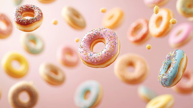 Flying donuts. Mix of multicolored doughnuts on pastel background. Bakery banner