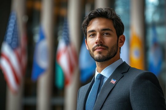 A diplomat standing in front of an international landmark, representing America's influence in diplomatic relations worldwide