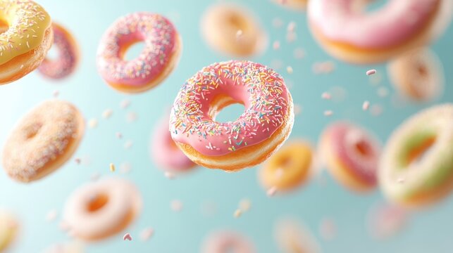 Flying donuts. Mix of multicolored doughnuts on pastel background. Bakery banner - Powered by Adobe