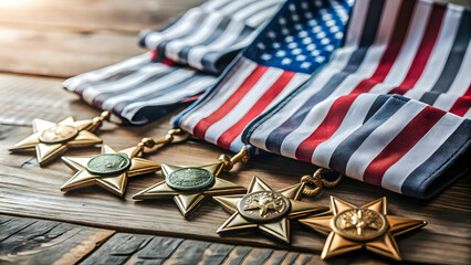 Flat Military Medals and American Flag Hovering Above Ground - A Respectful Tribute to Veterans in a Solemn Vector Illustration