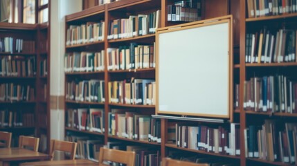 An intimate library scene showcasing tall bookshelves brimming with a diverse range of books and a clean whiteboard in the foreground.