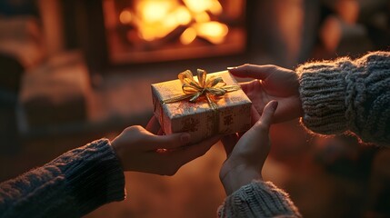 Hands Presenting a Gift Box in a Cozy Setting: Two hands offering a beautifully wrapped gift box, with a cozy, warm living room background.
