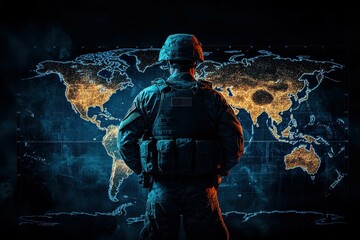 A soldier standing in front of a world map, his posture confident and resolute, symbolizing America's military presence around the globe