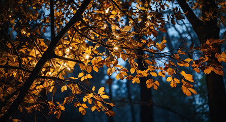 Autumn tree branches glowing lights abstract background
