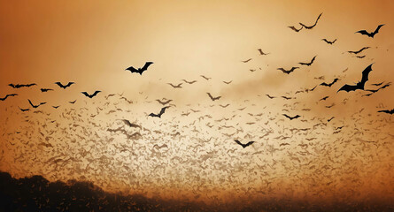 Bats flying orange mist abstract background