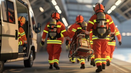 Obraz premium A team of emergency responders in bright outfits quickly dispatching an emergency, carrying equipment towards a scene.