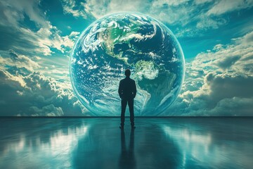 An environmental activist standing in front of a globe, symbolizing America's leadership in global environmental movements