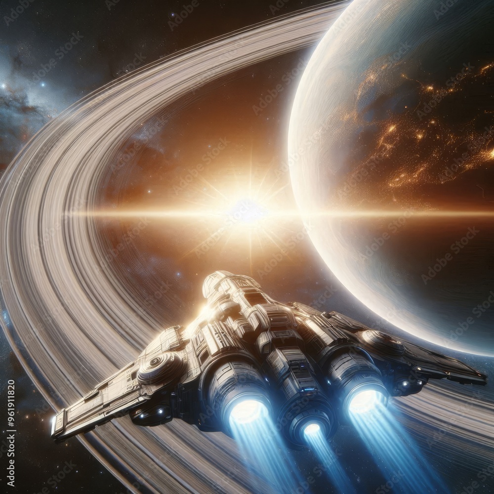 Poster a futuristic spacecraft soars through the vast expanse of outer space, heading towards the stunning 