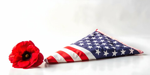Obraz premium Serene Flat Poppy and Folded American Flag Illustration for Veterans Day Remembrance - Peaceful Tribute Design on White Background