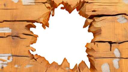 Closeup of Cracked Wooden Surface with a Central Hole Isolated on a Transparent Background.