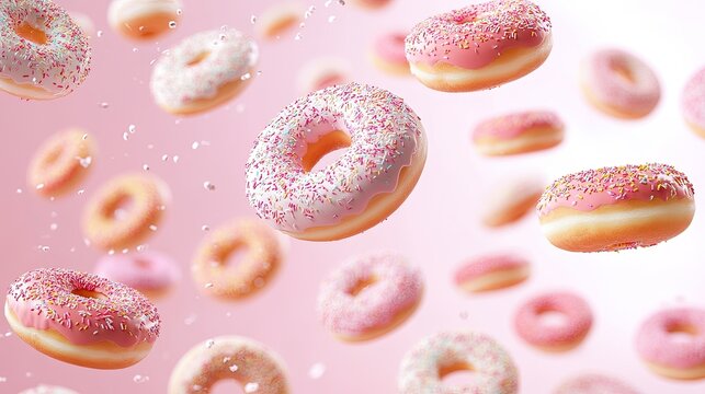 Flying donuts. Mix of multicolored doughnuts on pastel background. Bakery banner