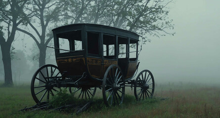 Fototapeta premium broken down cart carriage in misty foggy field background scary