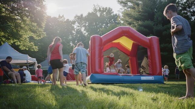 A cheerful outdoor gathering with children playing on an inflatable bouncy castle amidst vibrant greenery, creating a joyful and lively scene.