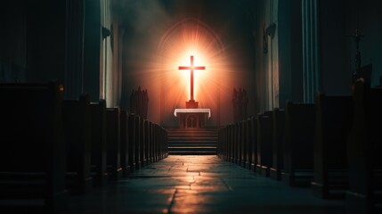 Naklejka premium A serene church scene with a bright light radiating behind the cross, symbolizing hope, divinity, and faith, with space for text