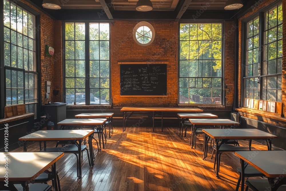 Poster empty classroom with sunlight streaming through windows