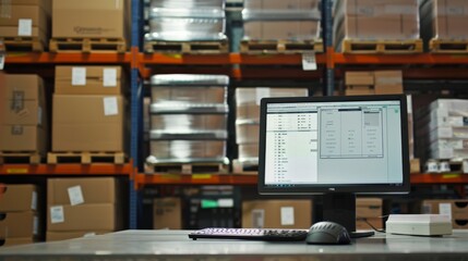 Inside a warehouse, a computer screen sits amidst stacks of cardboard boxes, highlighting the role of technology in modern logistics and inventory management.