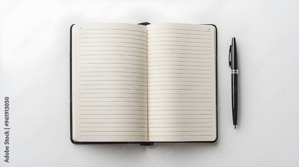 Poster an overhead shot of a small, vertically oriented notebook with a top-opening design, accompanied by 