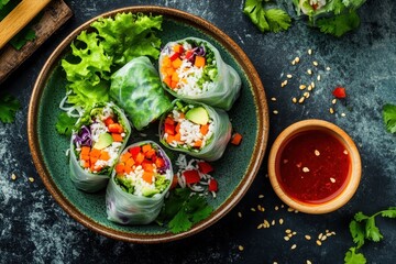 overhead view of Asian spring rolls