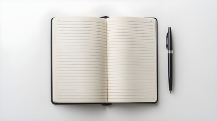 An overhead shot of a small, vertically oriented notebook with a top-opening design, accompanied by a sleek ballpoint pen, both set against a pure white background.