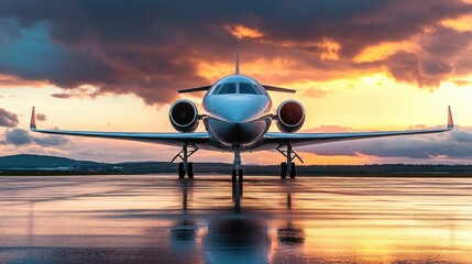 A sleek jet plane on the runway, its reflection visible as it prepares for takeoff, representing sustainability in the skies