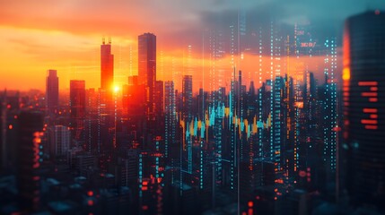 Fototapeta premium City skyline at dusk, financial district, stock market graphs and charts overlay, blue tones, orange sunset sky, glowing skyscrapers, double exposure effect, digital data.