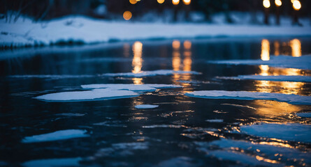Christmas lights reflecting in frozen pond background