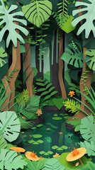 Obraz premium Tropical rainforest with trees and moss in paper cute style