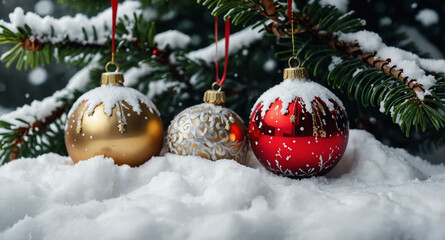 Christmas ornaments on snowy evergreen branches background