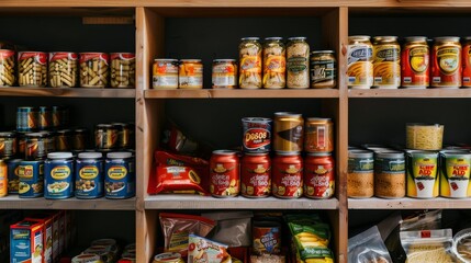 Obraz premium Shelves stocked with an assortment of canned and jarred food items provide a glimpse into a well-supplied pantry, representing preparedness and resourcefulness.