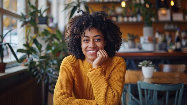 A smiling woman in a cozy café, dressed in a bright yellow sweater, radiates warmth and friendliness, creating a welcoming and inviting atmosphere.