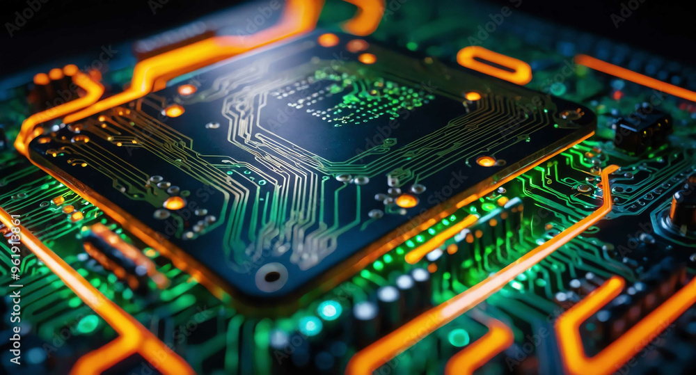 Aufkleber circuit board with glowing paths abstract background