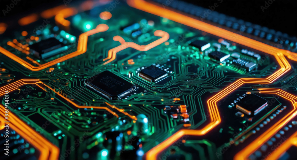 Aufkleber circuit board with glowing paths abstract background
