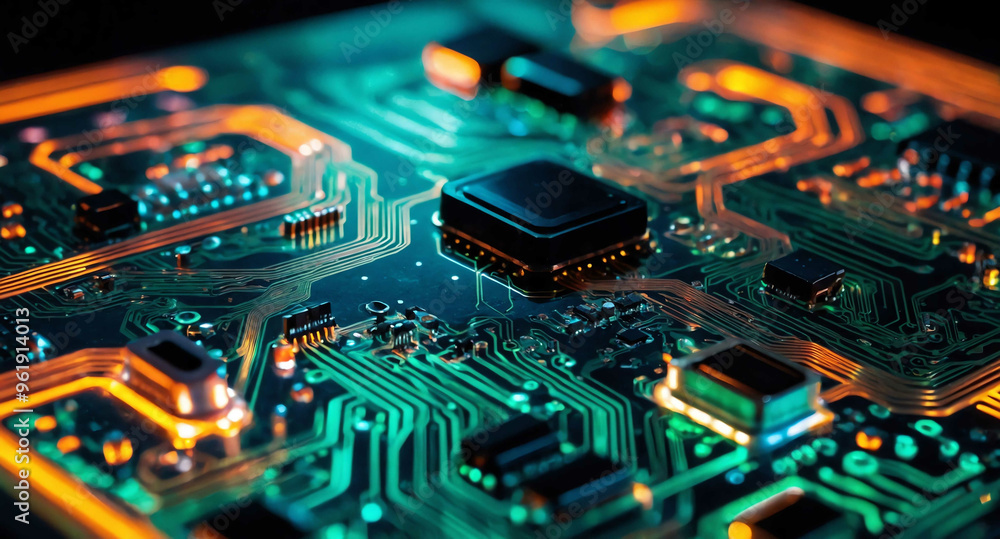 Aufkleber circuit board with glowing paths abstract background