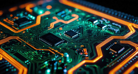 Fototapeta premium Circuit board with glowing paths abstract background