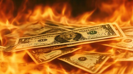 A stack of dollar bills engulfed in flames, symbolizing economic collapse and the destructive impact of recession