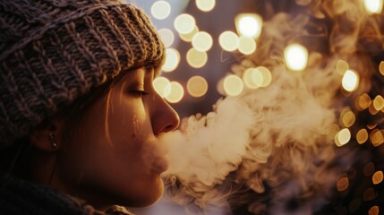 A woman exhales a cloud of warm breath into the cold air, with glimmering bokeh lights in the background creating a magical, wintery scene.