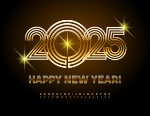 Fototapeta premium Vector chic wish card Happy New Year 2025! Modern Stylish Font. Trendy Gold Alphabet Letters and Numbers set.