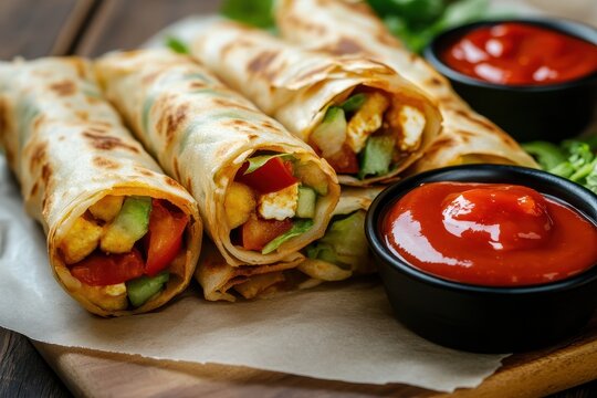 Paneer and vegetable spring roll aka Franky served with tomato ketchup