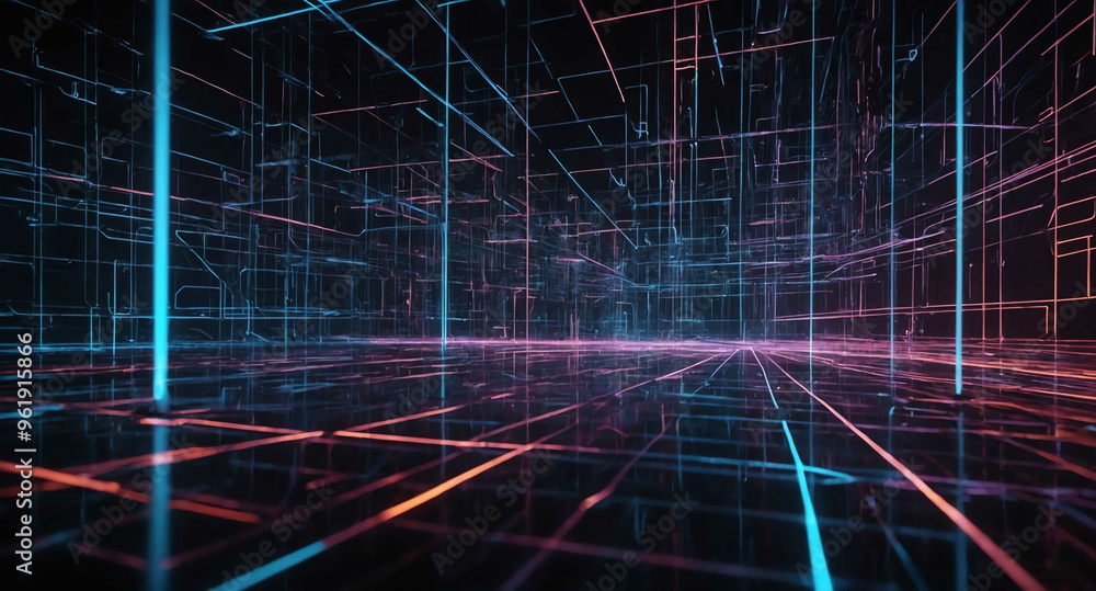 Poster cyber grid with glowing lines abstract background