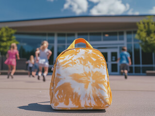 Obraz premium Stylish backpack in front of elementary school.