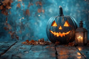 A pumpkin with a smiley face on it sits on a table next to a lantern