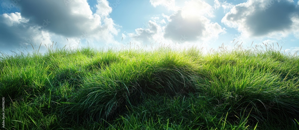 Wall mural Green Grass Field with Blue Sky and Sun