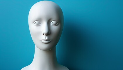 photo of head of a faceless white mannequin against a blue background, providing ample copy space