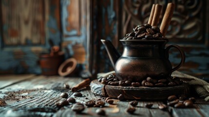 An antique copper pot filled with aromatic coffee beans sits on a rustic wooden table, evoking a warm, cozy atmosphere.