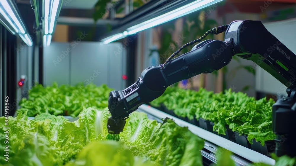 Poster advanced robotic technology harvesting leafy lettuce in a vertical farm, focusing on automation and 